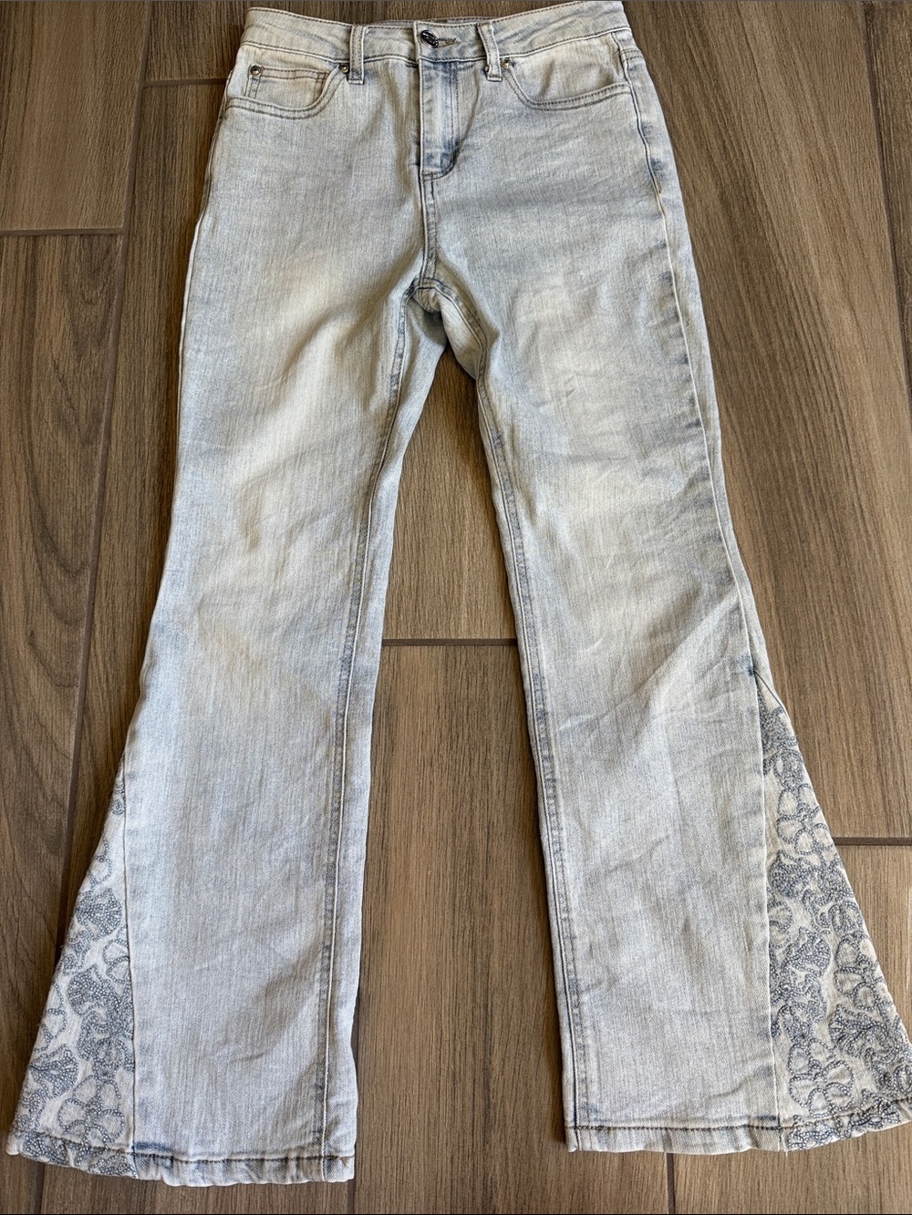 Truce-Light Wash Denim Jeans with Blue Embroidered Floral Panel